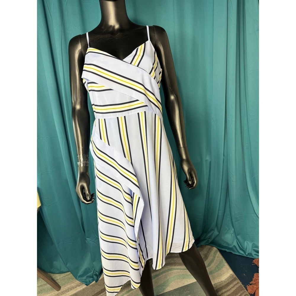 Banana Republic Dress Petite 10 Blue Yellow Black Striped Sleeveless Asymmetric - Picture 2 of 10